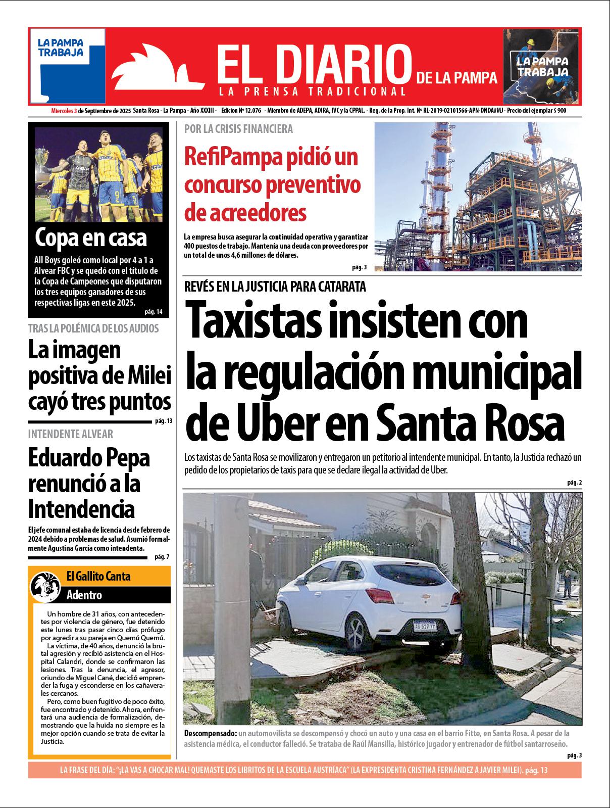 Tapa de El Diario en papel  mieacutercoles 03 de septiembre de 2025
